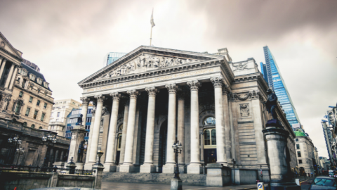 The Bank of England with cloudy skies in the background